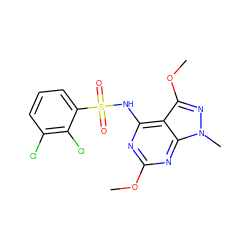 COc1nc(NS(=O)(=O)c2cccc(Cl)c2Cl)c2c(OC)nn(C)c2n1 ZINC001772619622