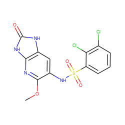 COc1nc2[nH]c(=O)[nH]c2cc1NS(=O)(=O)c1cccc(Cl)c1Cl ZINC000299839203