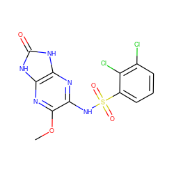 COc1nc2[nH]c(=O)[nH]c2nc1NS(=O)(=O)c1cccc(Cl)c1Cl ZINC000299840745