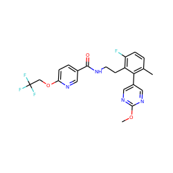 COc1ncc(-c2c(C)ccc(F)c2CCNC(=O)c2ccc(OCC(F)(F)F)nc2)cn1 ZINC000095564260