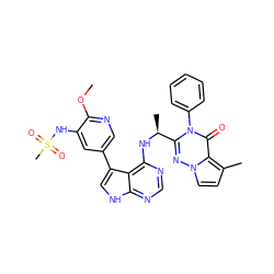 COc1ncc(-c2c[nH]c3ncnc(N[C@@H](C)c4nn5ccc(C)c5c(=O)n4-c4ccccc4)c23)cc1NS(C)(=O)=O ZINC000209024576