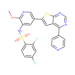 COc1ncc(-c2cc3c(-c4ccncc4)ncnc3s2)cc1NS(=O)(=O)c1ccc(F)cc1F ZINC000473114045