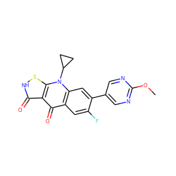 COc1ncc(-c2cc3c(cc2F)c(=O)c2c(=O)[nH]sc2n3C2CC2)cn1 ZINC000028570376