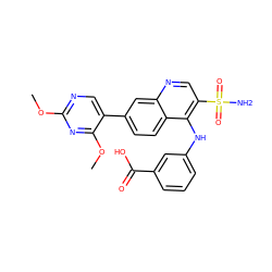 COc1ncc(-c2ccc3c(Nc4cccc(C(=O)O)c4)c(S(N)(=O)=O)cnc3c2)c(OC)n1 ZINC000144658963