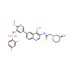 COc1ncc(-c2ccc3ncc(NC(=O)CN4CCC[C@H](O)C4)c(OC)c3c2)cc1NS(=O)(=O)c1ccc(F)cc1F ZINC001772581993