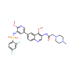 COc1ncc(-c2ccc3ncc(NC(=O)CN4CCN(C)CC4)c(OC)c3c2)cc1NS(=O)(=O)c1ccc(F)cc1F ZINC001772570528