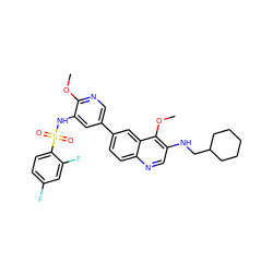 COc1ncc(-c2ccc3ncc(NCC4CCCCC4)c(OC)c3c2)cc1NS(=O)(=O)c1ccc(F)cc1F ZINC001772652392