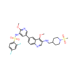 COc1ncc(-c2ccc3ncc(NCC4CCN(S(C)(=O)=O)CC4)c(OC)c3c2)cc1NS(=O)(=O)c1ccc(F)cc1F ZINC001772625363