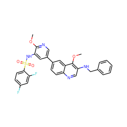 COc1ncc(-c2ccc3ncc(NCc4ccccc4)c(OC)c3c2)cc1NS(=O)(=O)c1ccc(F)cc1F ZINC001772576698