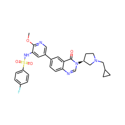 COc1ncc(-c2ccc3ncn([C@H]4CCN(CC5CC5)C4)c(=O)c3c2)cc1NS(=O)(=O)c1ccc(F)cc1 ZINC001772652230