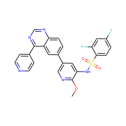 COc1ncc(-c2ccc3ncnc(-c4ccncc4)c3c2)cc1NS(=O)(=O)c1ccc(F)cc1F ZINC000473122518