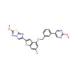COc1ncc(-c2cccc(COc3cc(Cl)cc4oc(-c5cn6nc(OC)sc6n5)cc34)c2)cn1 ZINC000205743841