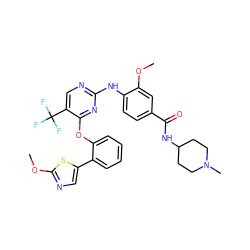 COc1ncc(-c2ccccc2Oc2nc(Nc3ccc(C(=O)NC4CCN(C)CC4)cc3OC)ncc2C(F)(F)F)s1 ZINC000148464532