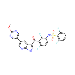 COc1ncc(-c2cnc3[nH]cc(C(=O)c4c(F)ccc(NS(=O)(=O)c5c(F)cccc5F)c4F)c3c2)cn1 ZINC000113517644