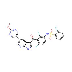 COc1ncc(-c2cnc3[nH]cc(C(=O)c4c(F)ccc(NS(=O)(=O)c5ccccc5F)c4F)c3c2)cn1 ZINC000113507169