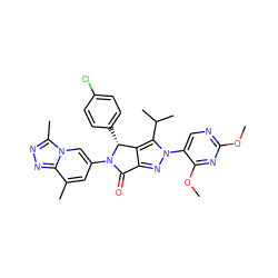 COc1ncc(-n2nc3c(c2C(C)C)[C@@H](c2ccc(Cl)cc2)N(c2cc(C)c4nnc(C)n4c2)C3=O)c(OC)n1 ZINC000220201903