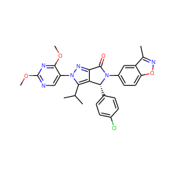 COc1ncc(-n2nc3c(c2C(C)C)[C@@H](c2ccc(Cl)cc2)N(c2ccc4onc(C)c4c2)C3=O)c(OC)n1 ZINC000220139289