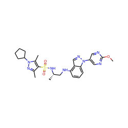 COc1ncc(-n2ncc3c(NC[C@H](C)NS(=O)(=O)c4c(C)nn(C5CCCC5)c4C)cccc32)cn1 ZINC000137422124