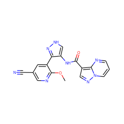 COc1ncc(C#N)cc1-c1n[nH]cc1NC(=O)c1cnn2cccnc12 ZINC000114887056