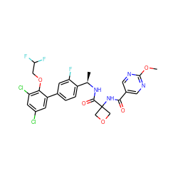 COc1ncc(C(=O)NC2(C(=O)N[C@H](C)c3ccc(-c4cc(Cl)cc(Cl)c4OCC(F)F)cc3F)COC2)cn1 ZINC000169710396