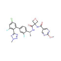 COc1ncc(C(=O)NC2(C(=O)N[C@H](C)c3ccc(-c4cc(Cl)cc(F)c4-c4nnn(C)n4)cc3F)COC2)cn1 ZINC000169710405