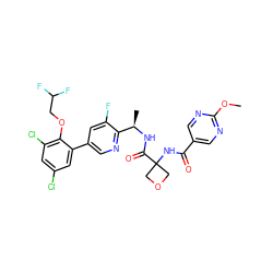 COc1ncc(C(=O)NC2(C(=O)N[C@H](C)c3ncc(-c4cc(Cl)cc(Cl)c4OCC(F)F)cc3F)COC2)cn1 ZINC000169710401