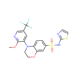 COc1ncc(C(F)(F)F)cc1N1CCOc2cc(S(=O)(=O)Nc3nccs3)ccc21 ZINC000220217359