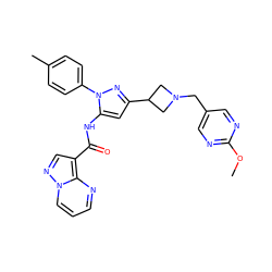 COc1ncc(CN2CC(c3cc(NC(=O)c4cnn5cccnc45)n(-c4ccc(C)cc4)n3)C2)cn1 ZINC000145899178