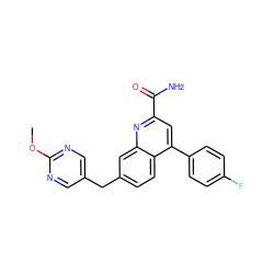 COc1ncc(Cc2ccc3c(-c4ccc(F)cc4)cc(C(N)=O)nc3c2)cn1 ZINC000205651479