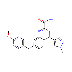 COc1ncc(Cc2ccc3c(-c4cnn(C)c4)cc(C(N)=O)nc3c2)cn1 ZINC001772599653