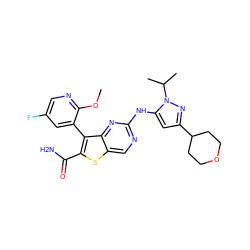 COc1ncc(F)cc1-c1c(C(N)=O)sc2cnc(Nc3cc(C4CCOCC4)nn3C(C)C)nc12 ZINC000150323092