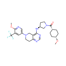 COc1ncc(N2CCc3ncnc(N[C@H]4CCN(C(=O)[C@H]5CC[C@@H](OC)CC5)C4)c3C2)cc1C(F)(F)F ZINC000113754186