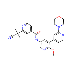 COc1ncc(NC(=O)c2ccnc(C(C)(C)C#N)c2)cc1-c1ccnc(N2CCOCC2)c1 ZINC000220662713