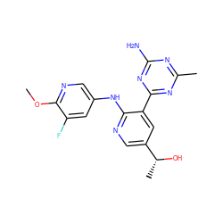 COc1ncc(Nc2ncc([C@@H](C)O)cc2-c2nc(C)nc(N)n2)cc1F ZINC000113238195