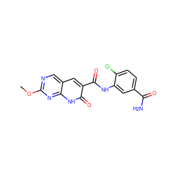 COc1ncc2cc(C(=O)Nc3cc(C(N)=O)ccc3Cl)c(=O)[nH]c2n1 ZINC000103250289