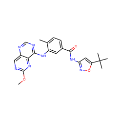 COc1ncc2ncnc(Nc3cc(C(=O)Nc4cc(C(C)(C)C)on4)ccc3C)c2n1 ZINC000148362901