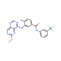 COc1ncc2ncnc(Nc3cc(C(=O)Nc4cccc(C(F)(F)F)c4)ccc3C)c2n1 ZINC000148352251