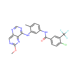 COc1ncc2ncnc(Nc3cc(NC(=O)c4ccc(Cl)c(C(F)(F)F)c4)ccc3C)c2n1 ZINC000166182578