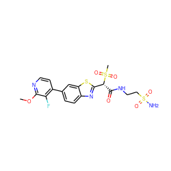 COc1nccc(-c2ccc3nc([C@@H](C(=O)NCCS(N)(=O)=O)S(C)(=O)=O)sc3c2)c1F ZINC000144036653