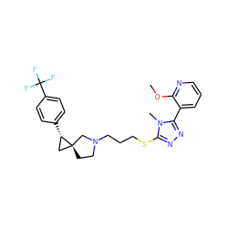 COc1ncccc1-c1nnc(SCCCN2CC[C@]3(C[C@@H]3c3ccc(C(F)(F)F)cc3)C2)n1C ZINC001772648299