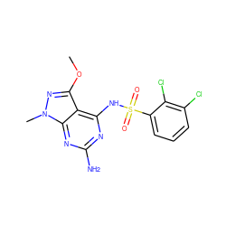 COc1nn(C)c2nc(N)nc(NS(=O)(=O)c3cccc(Cl)c3Cl)c12 ZINC001772635815