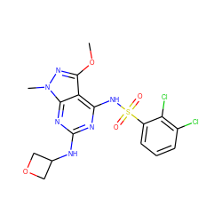 COc1nn(C)c2nc(NC3COC3)nc(NS(=O)(=O)c3cccc(Cl)c3Cl)c12 ZINC001772650391