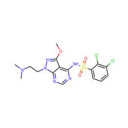 COc1nn(CCN(C)C)c2ncnc(NS(=O)(=O)c3cccc(Cl)c3Cl)c12 ZINC001772633240