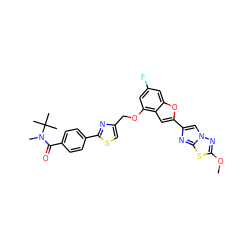 COc1nn2cc(-c3cc4c(OCc5csc(-c6ccc(C(=O)N(C)C(C)(C)C)cc6)n5)cc(F)cc4o3)nc2s1 ZINC000223028291