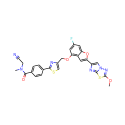 COc1nn2cc(-c3cc4c(OCc5csc(-c6ccc(C(=O)N(C)CC#N)cc6)n5)cc(F)cc4o3)nc2s1 ZINC000143363257