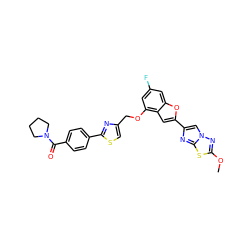 COc1nn2cc(-c3cc4c(OCc5csc(-c6ccc(C(=O)N7CCCC7)cc6)n5)cc(F)cc4o3)nc2s1 ZINC000143356750