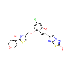 COc1nn2cc(-c3cc4c(OCc5csc(C6(O)CCOCC6)n5)cc(Cl)cc4o3)nc2s1 ZINC000653682167