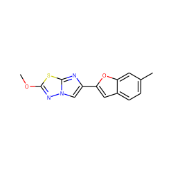 COc1nn2cc(-c3cc4ccc(C)cc4o3)nc2s1 ZINC000653664358