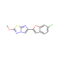 COc1nn2cc(-c3cc4ccc(Cl)cc4o3)nc2s1 ZINC000653677653