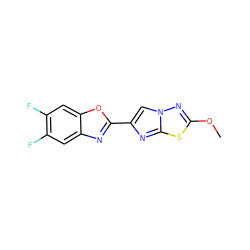 COc1nn2cc(-c3nc4cc(F)c(F)cc4o3)nc2s1 ZINC000653684758